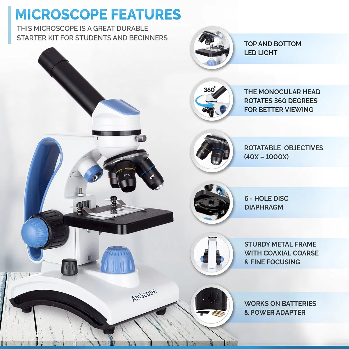 AmScope M162C-2L-PB10-WM - Kit de Microscopio Premiado 2018 Para Estudiantes y Niños - 40X-1000X Doble Luz Todo Metálico Con Diapositivas y Libro