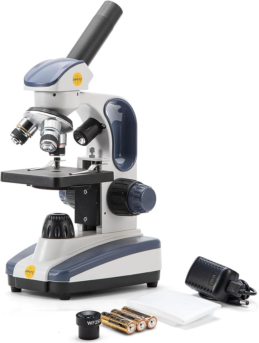 Swift Microscopio monocular Compuesto SW200DL con Aumento de 40X-1000X, luz Dual, Enfoque Fino de precisión, Ocular de Campo Ancho 25X y Capacidad inalámbrica para Estudiantes Principiantes