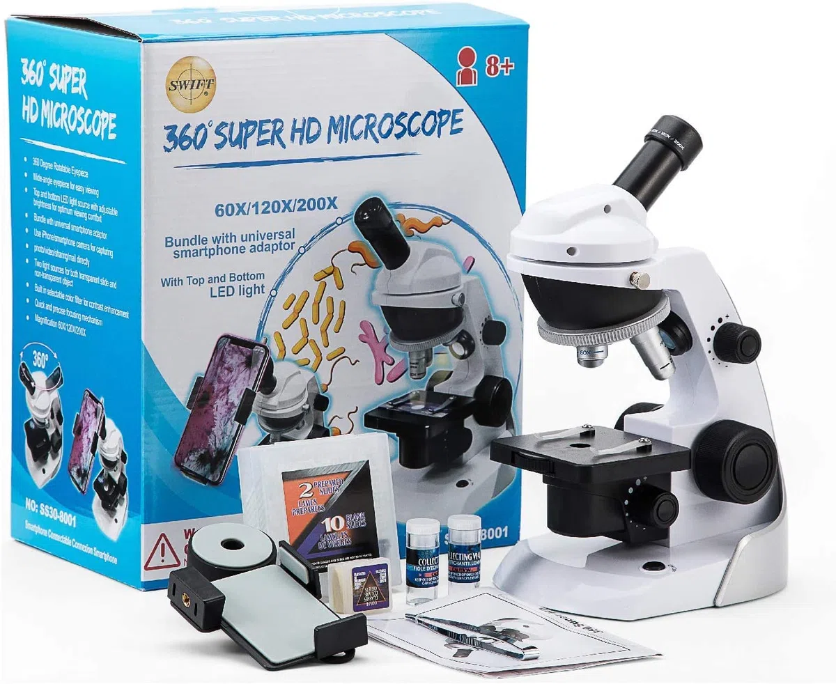 SWIFT Microscopio SS30-8001 para niños y estudiantes 60X-200X, microscopio monocular compuesto con 42 accesorios incluyendo adaptador de smartphone, 10 diapositivas en blanco para principiantes