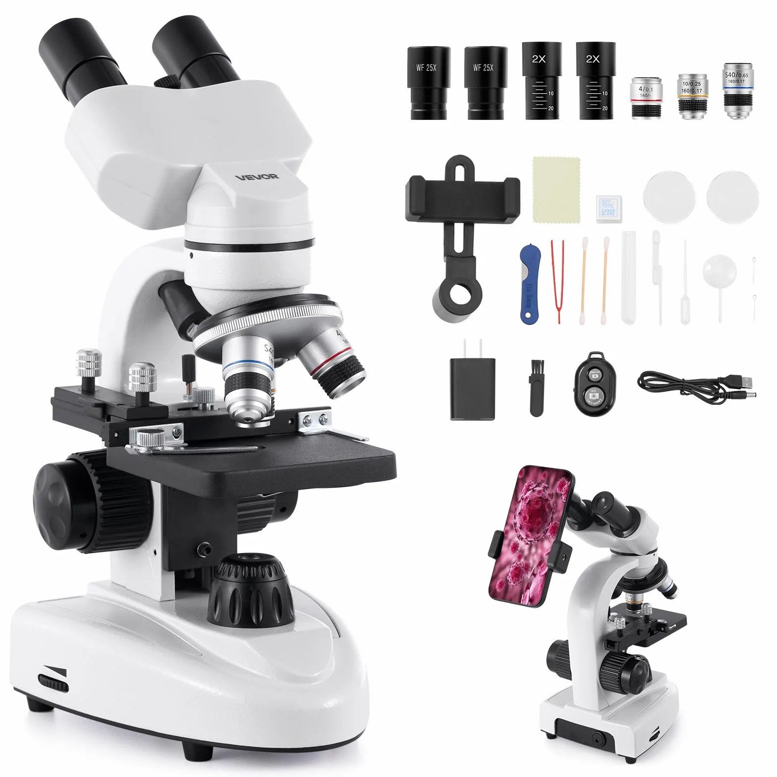 VEVOR Microscopio Compuesto con Aumento de 40-2000X Kit de Microscopio Binocular Cuerpo de Aleación de Aluminio, Luz LED, Soporte para Teléfono, para Estudiantes, Laboratorios, Escuelas, Hogar