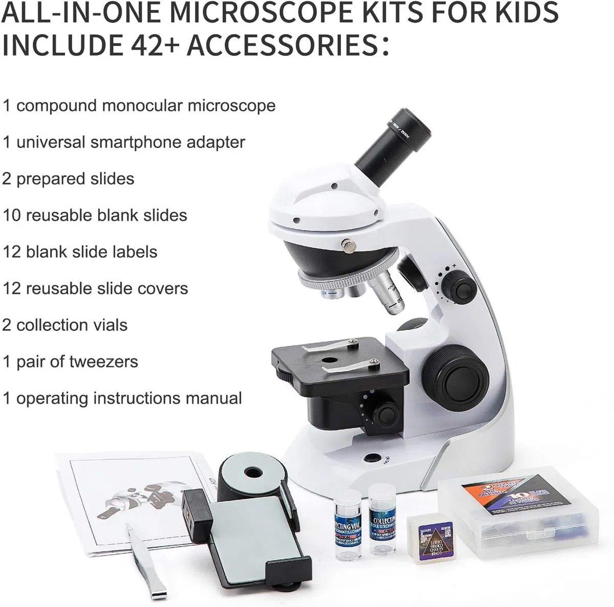 SWIFT Microscopio SS30-8001 para niños y estudiantes 60X-200X, microscopio monocular compuesto con 42 accesorios incluyendo adaptador de smartphone, 10 diapositivas en blanco para principiantes