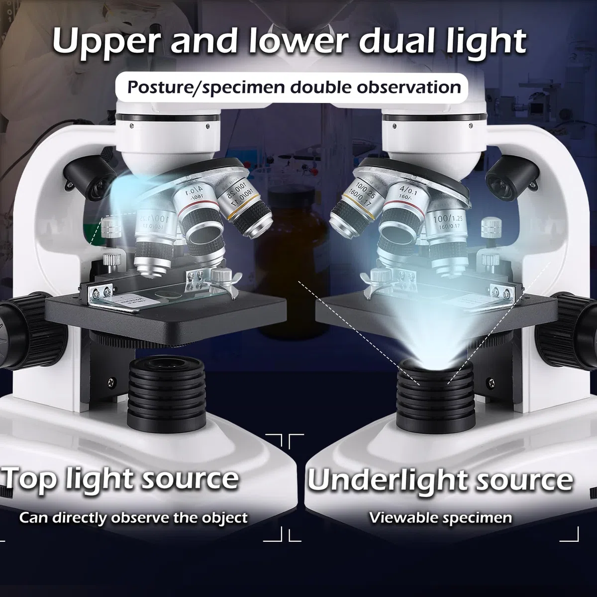 Microscopio compuesto, oculares 40X-2500X, WF10x y WF25x, iluminación LED dual y escenario mecánico de dos capas, microscopio para adultos..