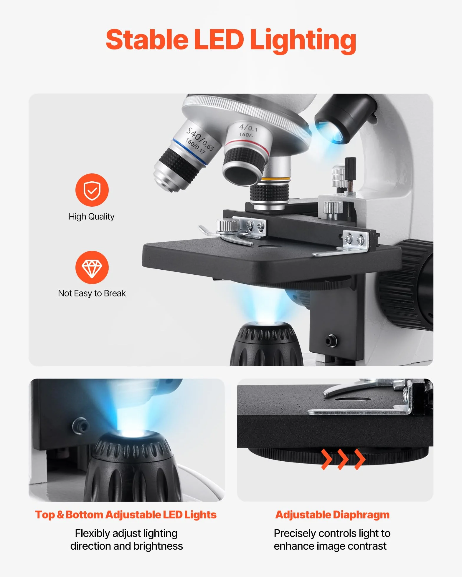 VEVOR Microscopio Compuesto con Aumento de 40-2000X Kit de Microscopio Binocular Cuerpo de Aleación de Aluminio, Luz LED, Soporte para Teléfono, para Estudiantes, Laboratorios, Escuelas, Hogar