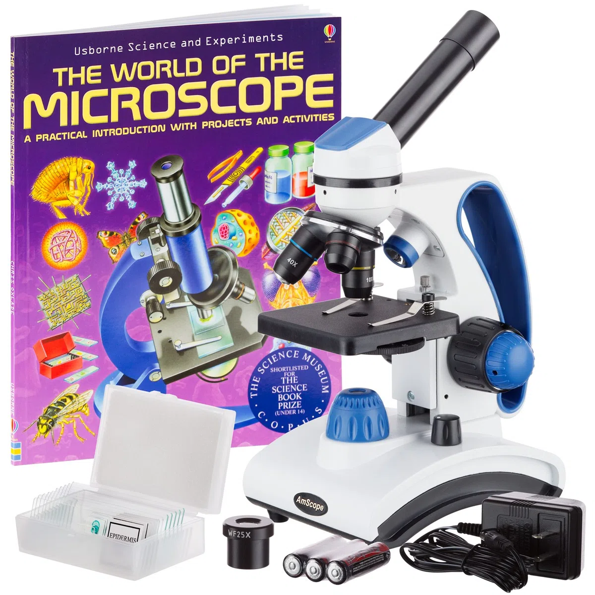 AmScope M162C-2L-PB10-WM - Kit de Microscopio Premiado 2018 Para Estudiantes y Niños - 40X-1000X Doble Luz Todo Metálico Con Diapositivas y Libro