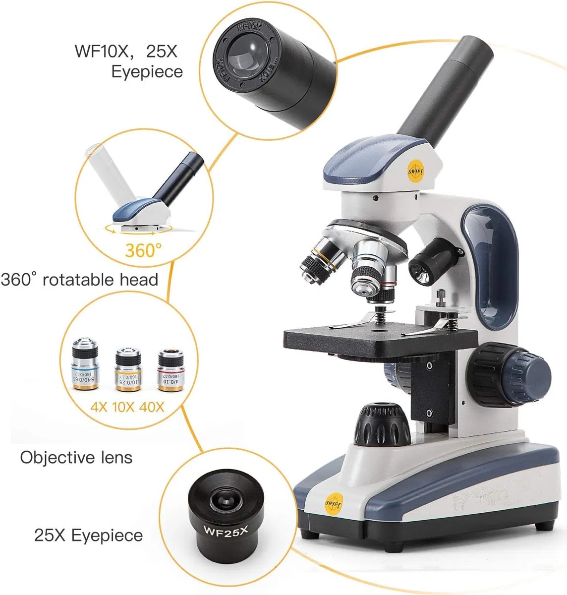Swift Microscopio monocular Compuesto SW200DL con Aumento de 40X-1000X, luz Dual, Enfoque Fino de precisión, Ocular de Campo Ancho 25X y Capacidad inalámbrica para Estudiantes Principiantes