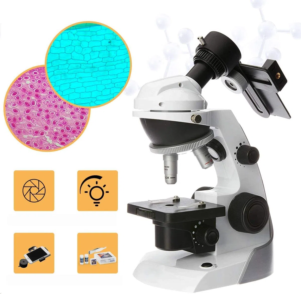 SWIFT Microscopio SS30-8001 para niños y estudiantes 60X-200X, microscopio monocular compuesto con 42 accesorios incluyendo adaptador de smartphone, 10 diapositivas en blanco para principiantes