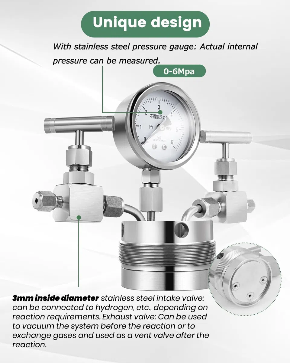 Huanyu 6MPa Autoclave de alta presión 150ml 180℃ Reactor PTFE Liner con manómetro de presión salida de entrada de gas (150ml)