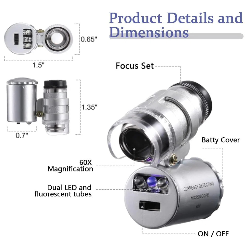 Microscopio de Bolsillo 60X, Mini Microscopio Monoculo, Lupa de Joyería Portátil, con Luz LED, Lupa de Mano para Joyería, Diamantes, Gemas, Monedas