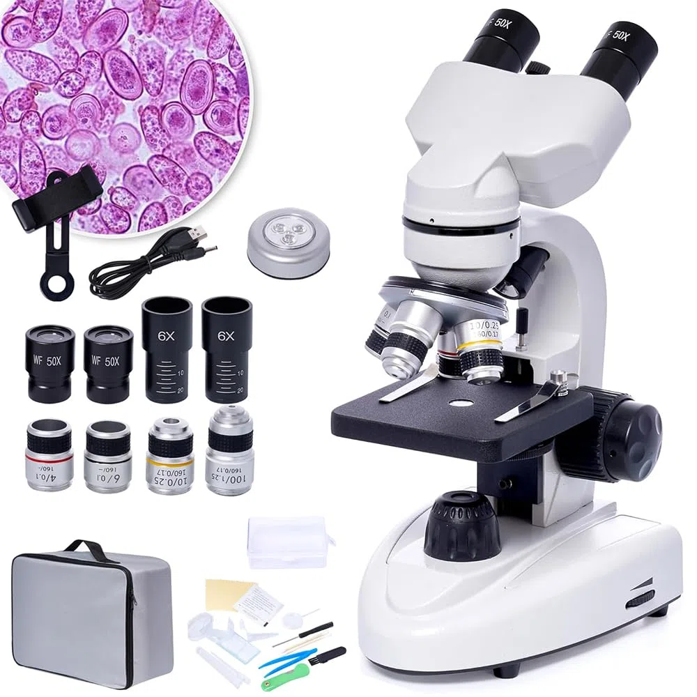SELFIE CAT Microscopio compuesto binocular, aumento de 200X-5000X, microscopio LED binoculares compuesto, microscopio compuesto profesional con campo amplio, oculares de microscopio