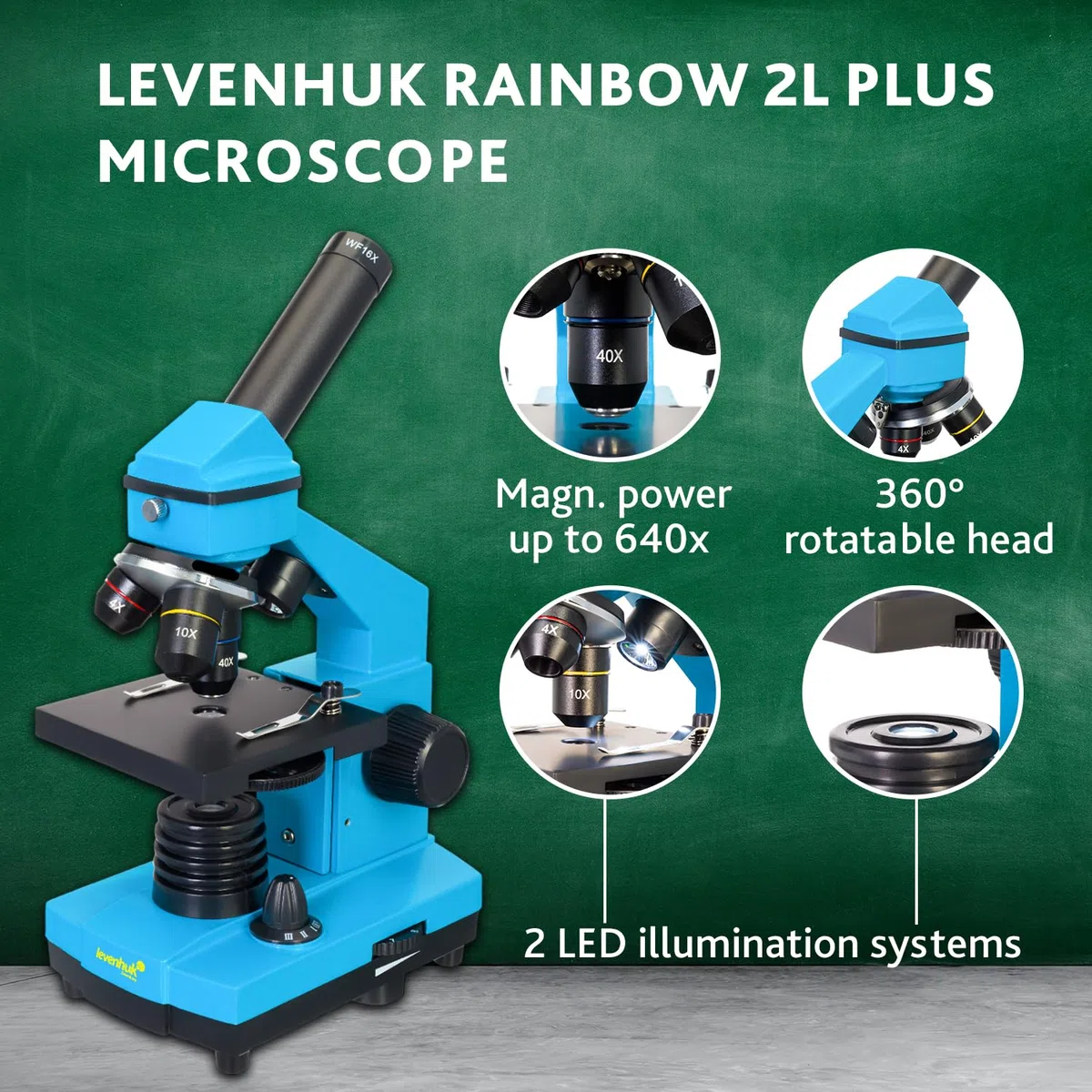 Levenhuk Rainbow 2L Plus Azure Kit Stem de Laboratorio Doméstico para Niños con Microscopio Portátil de 640x, Guía de Experimentos Ilustrada, Muestras Preparadas y Herramientas Científicas (EN)
