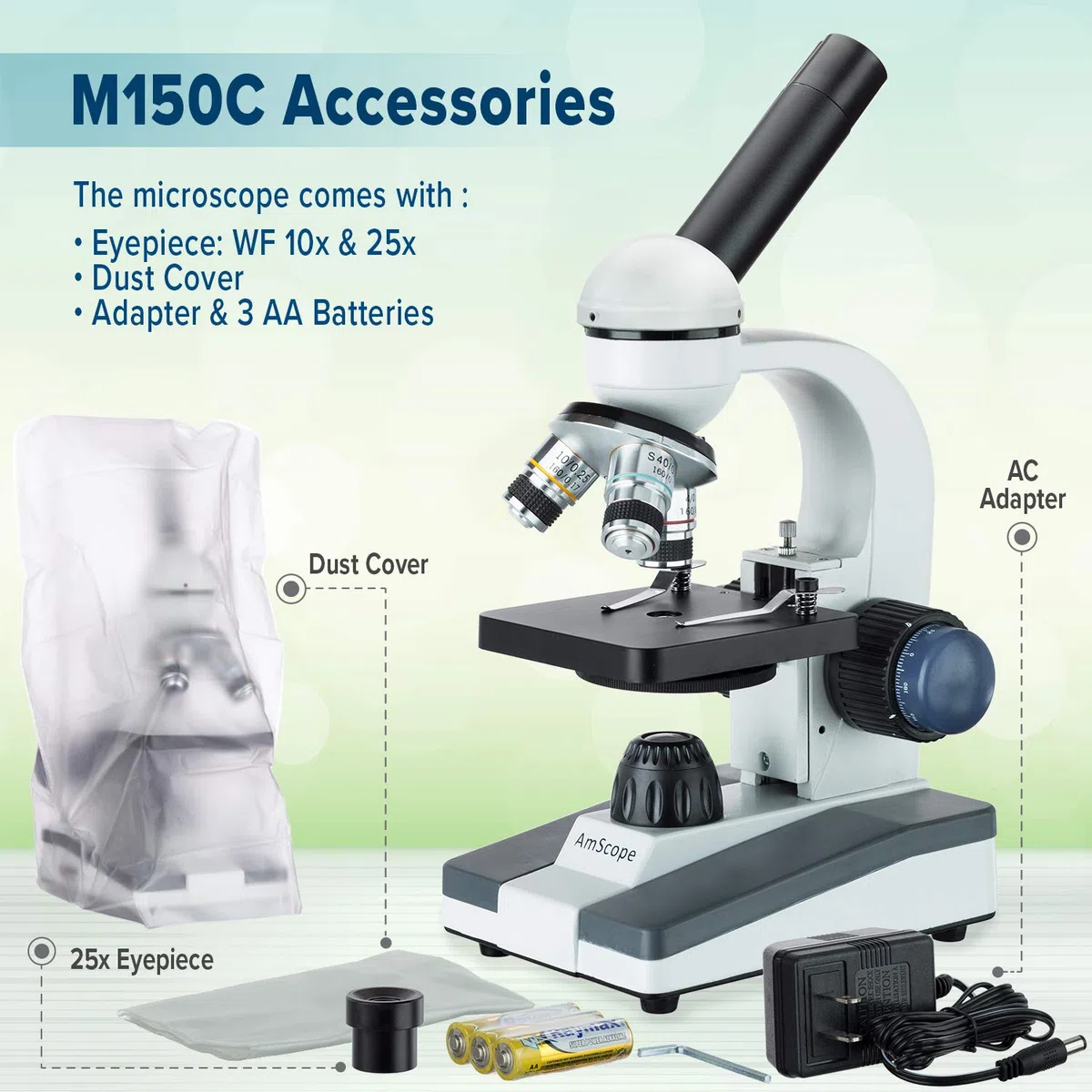 AmScope M150C-PS25 40X-1000X metal frame Inicio Escuela C & f Microscopio Compuesto Plus 25 muestras preparadas