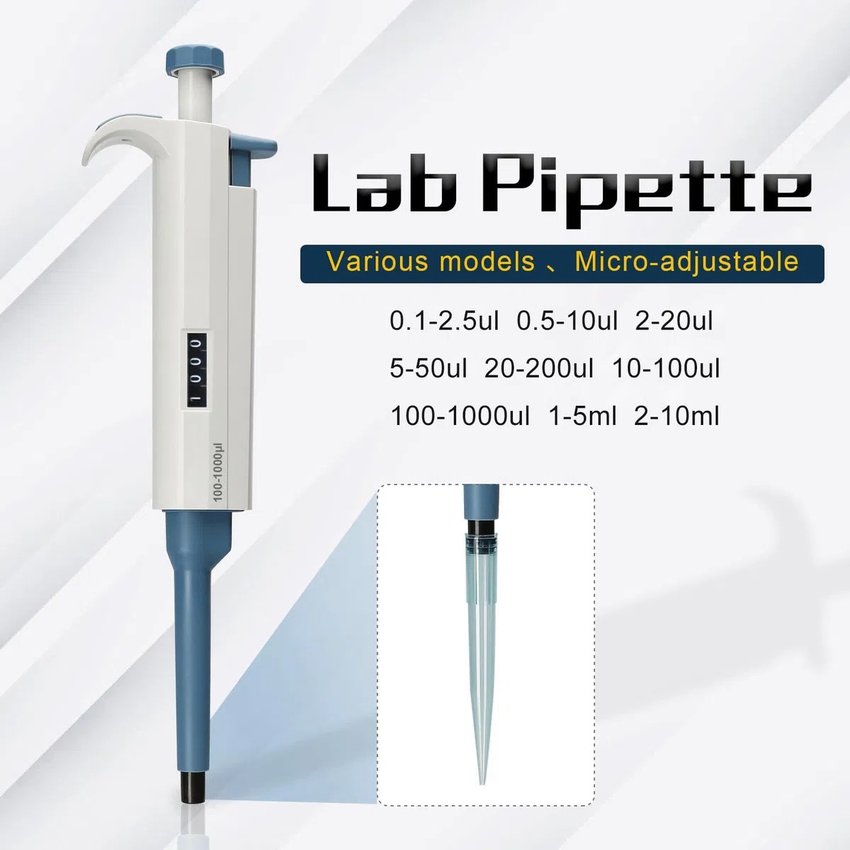 Kit de micropipetas 0.5-10ul 10-10ul 100-1000ul Pipeta ajustable de un solo canal, 3 piezas (pipetas SC-3pcs)