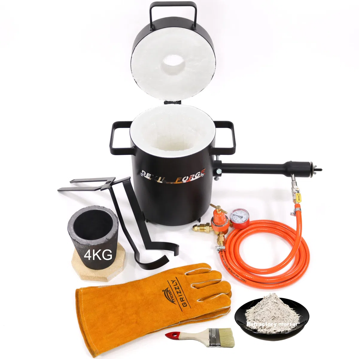 DEVIL-FORGE Horno Fundir Metales Gas Propano 4kg FB1Sb Full Kit,1 Quemador DFP (80.000 BTU), Crisol, pinzas para fundir, Guantes para fundición, 1450°C Plata Cobre Aluminio Latón