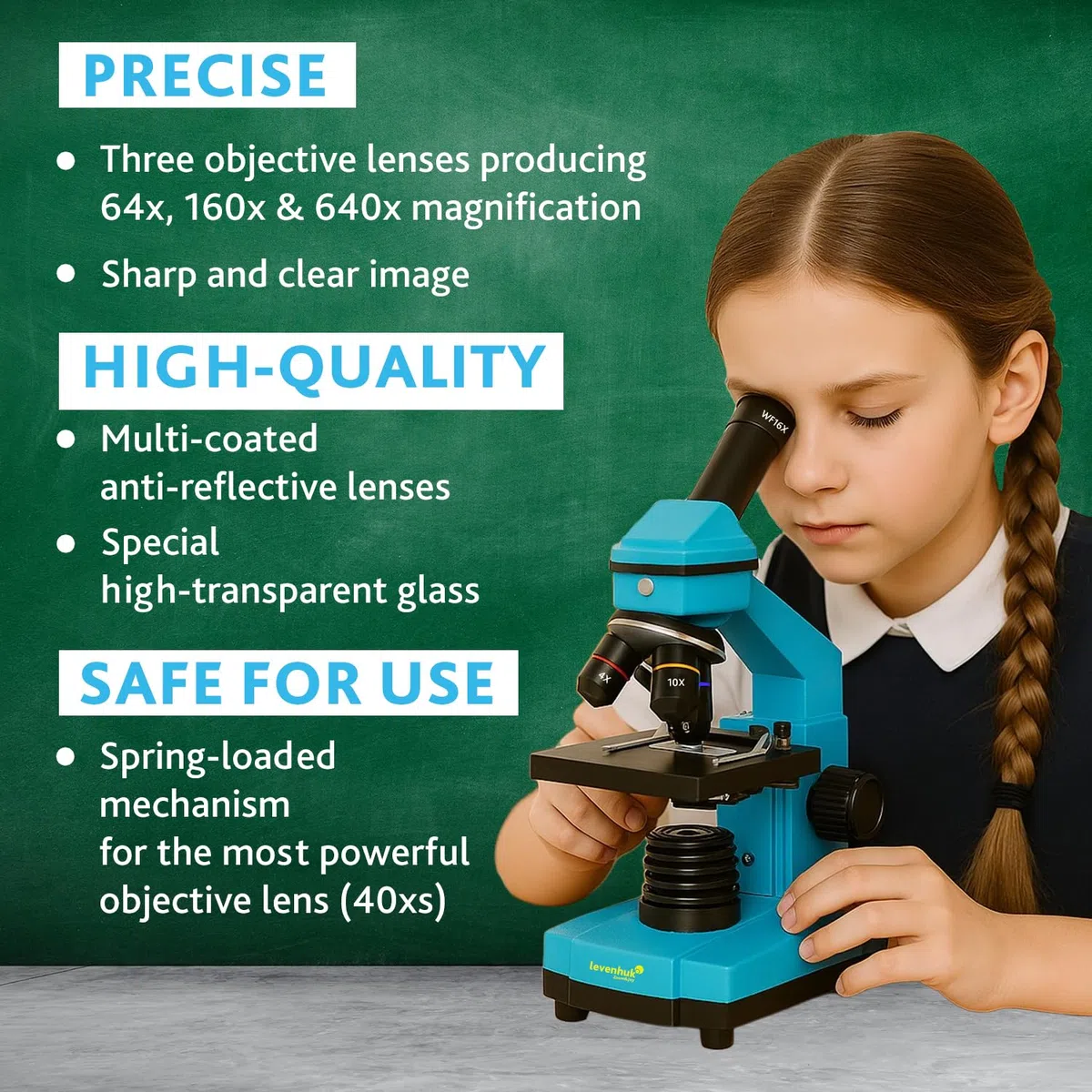 Levenhuk Rainbow 2L Plus Azure Kit Stem de Laboratorio Doméstico para Niños con Microscopio Portátil de 640x, Guía de Experimentos Ilustrada, Muestras Preparadas y Herramientas Científicas (EN)