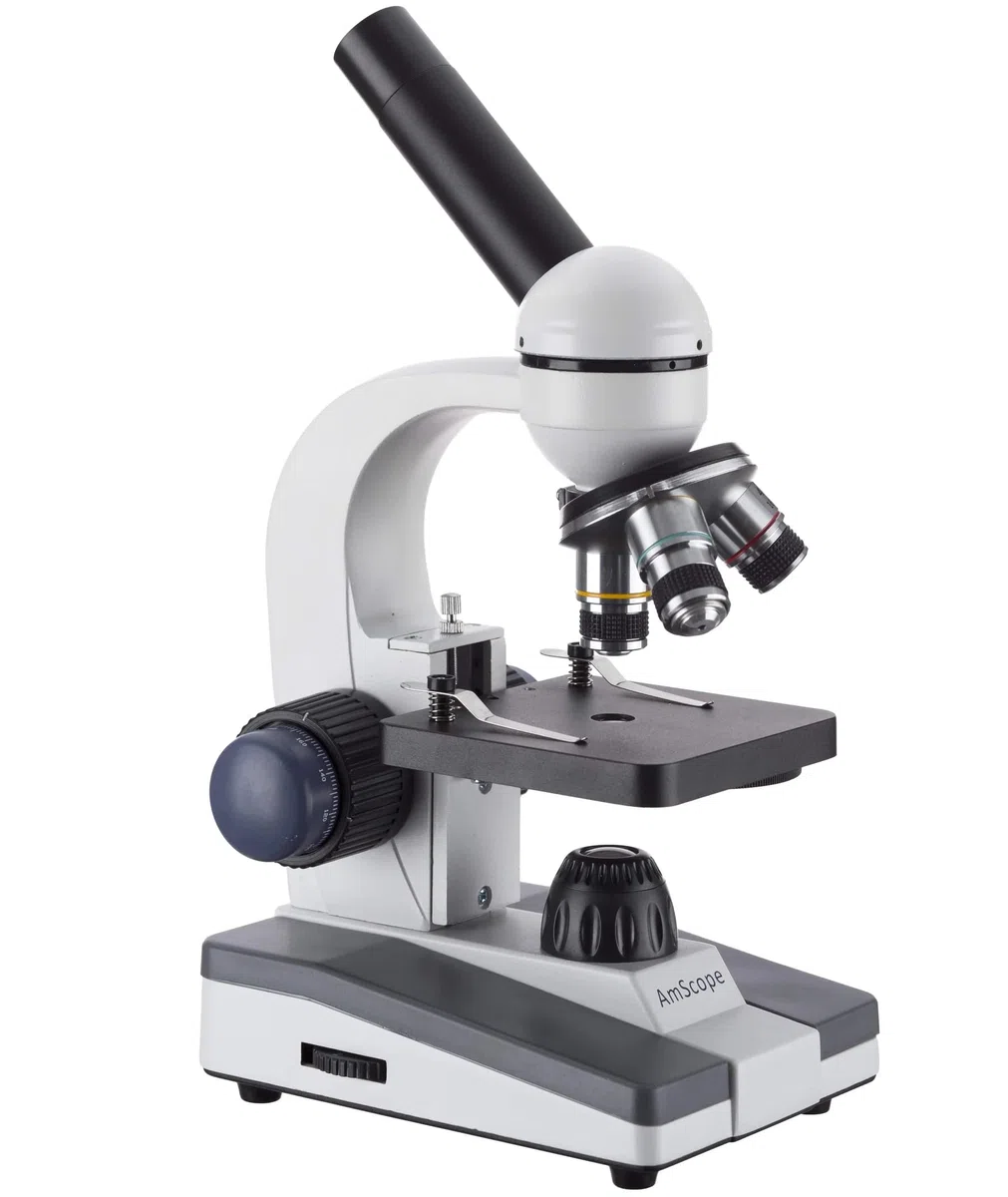 AmScope - Microscopio compuesto para estudiantes 40X-1000X, cabeza monocular, óptica de vidrio, LED, marco de metal, microscopio inalámbrico para principiantes - M150C-EUL