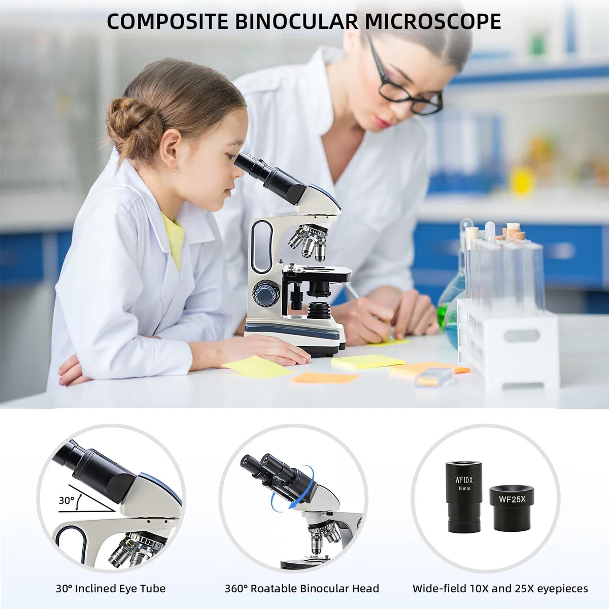 Swift Microscopio binocular para adultos, 40X-2500X, oculares de campo amplio 10X y 25X, iluminación LED, condensador Abbe, etapa mecánica de doble capa, SW350B