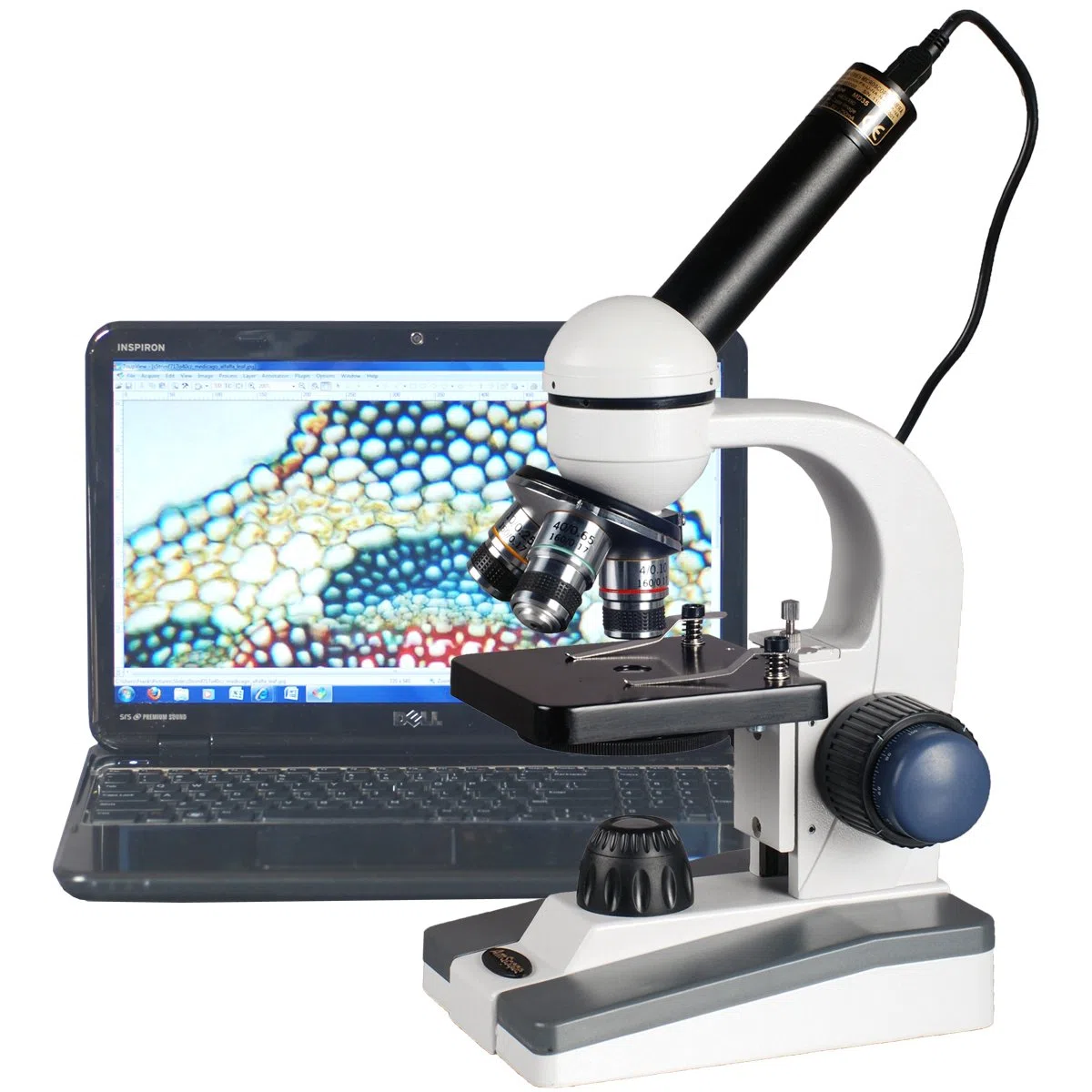 AmScope - Microscopio con cámara USB, 40X-1000X, compuesto monocular, LED, enfoque grueso y fino + cámara digital - M150C-E