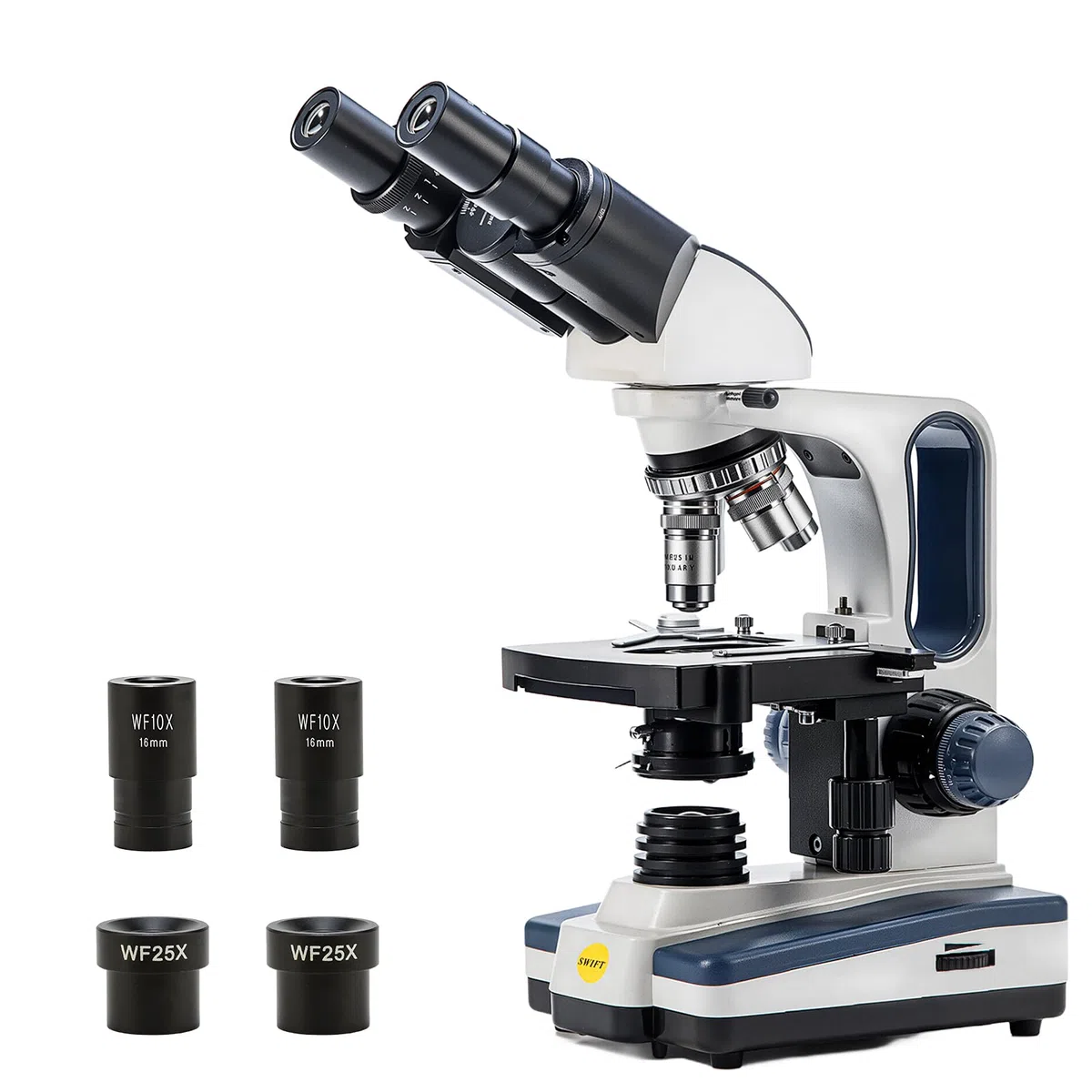 Swift Microscopio binocular para adultos, 40X-2500X, oculares de campo amplio 10X y 25X, iluminación LED, condensador Abbe, etapa mecánica de doble capa, SW350B