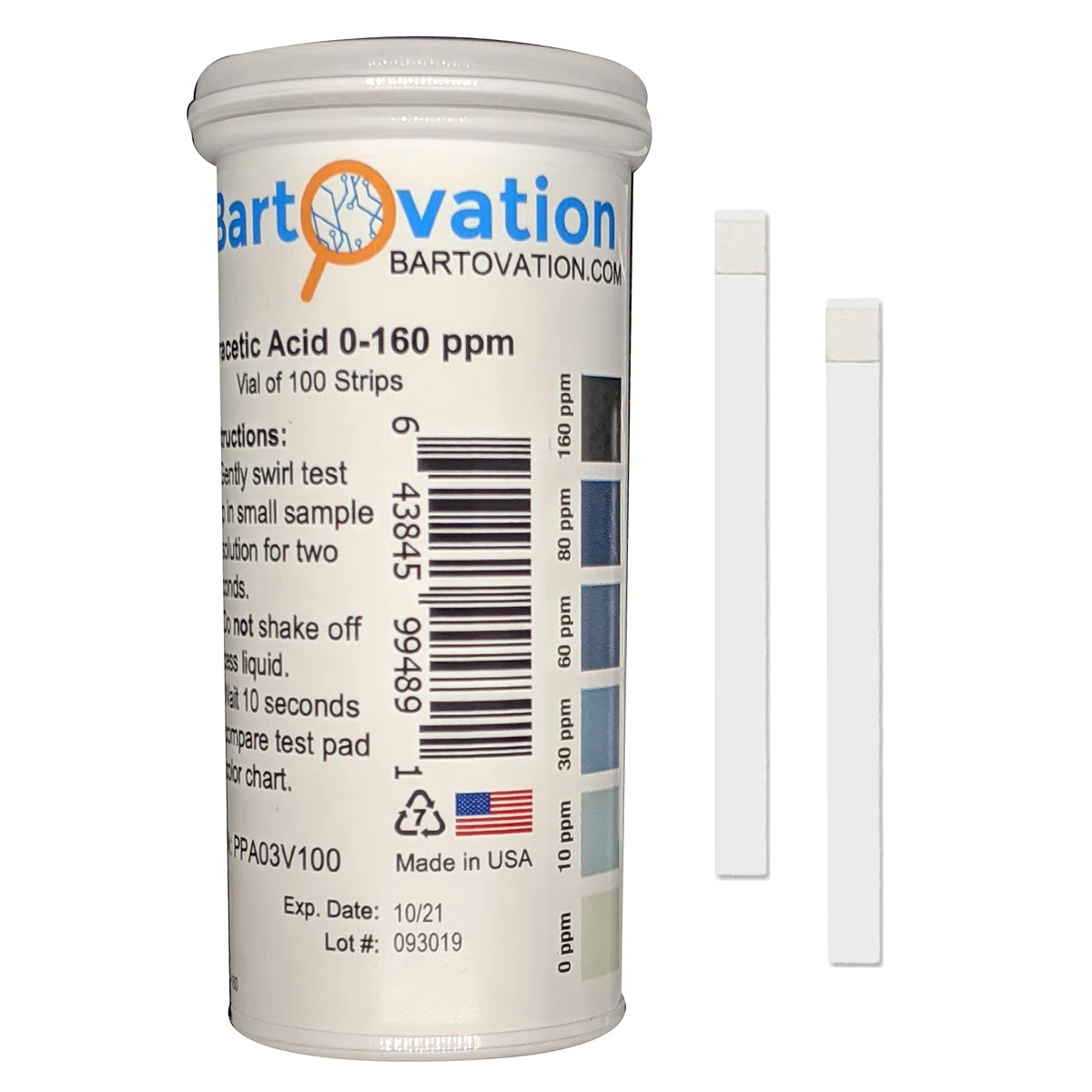 Bartovation prueba de ácido peracético tiras, 0-160 ppm [ofrece el doble comparables, vial de 100 tiras]