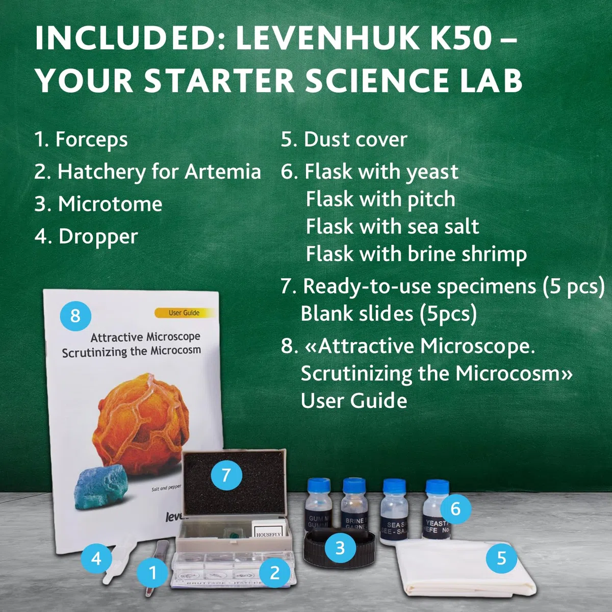 Levenhuk Rainbow 2L Plus Azure Kit Stem de Laboratorio Doméstico para Niños con Microscopio Portátil de 640x, Guía de Experimentos Ilustrada, Muestras Preparadas y Herramientas Científicas (EN)