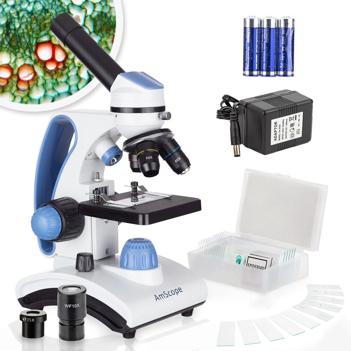 AmScope M162C-2L-PB10-WM - Kit de Microscopio Premiado 2018 Para Estudiantes y Niños - 40X-1000X Doble Luz Todo Metálico Con Diapositivas y Libro