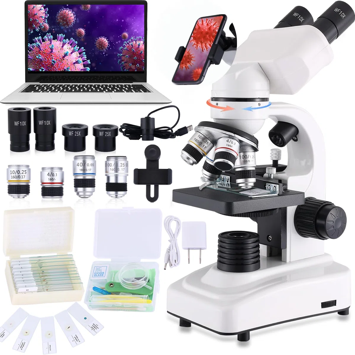 Microscopio compuesto, oculares 40X-2500X, WF10x y WF25x, iluminación LED dual y escenario mecánico de dos capas, microscopio para adultos..