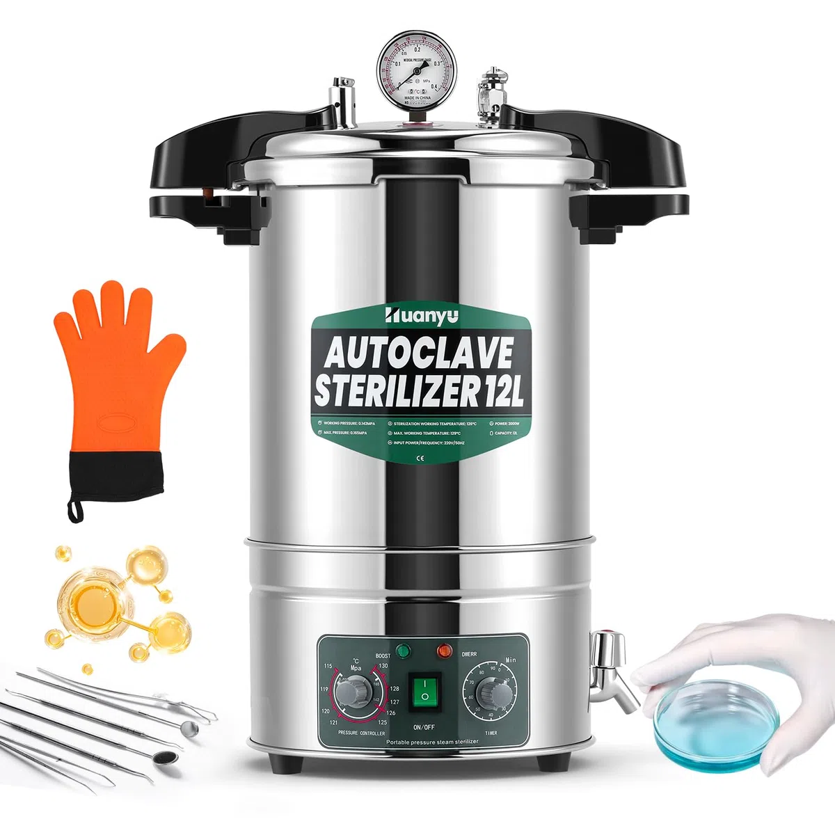 Huanyu 12L Autoclave Esterilizador Autoclave eléctrico de laboratorio ajustable en temperatura y tiempo Diseño de apertura rápida Esterilizador de vapor de alta presión para laboratorios Universidades