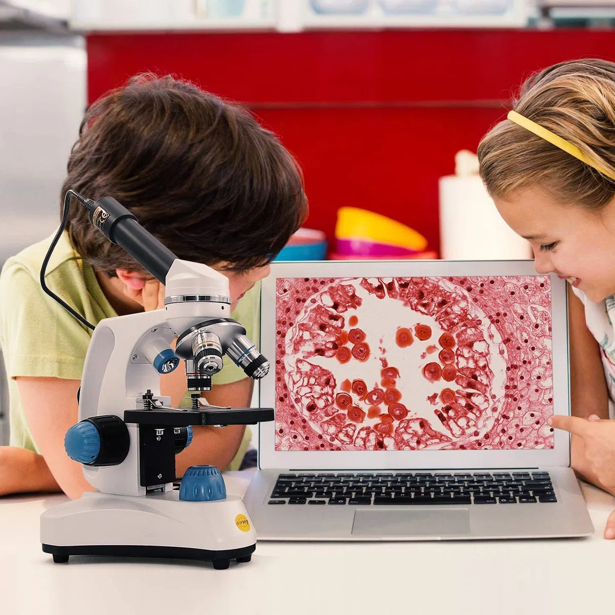 SWIFT SW150 Microscopio monocular para estudiante compuesto con aumento 40X-1000X, óptica de vidrio, ocular de campo ancho extra 25X, enfoque grueso y fino, iluminación dual y capacidad inalámbrica