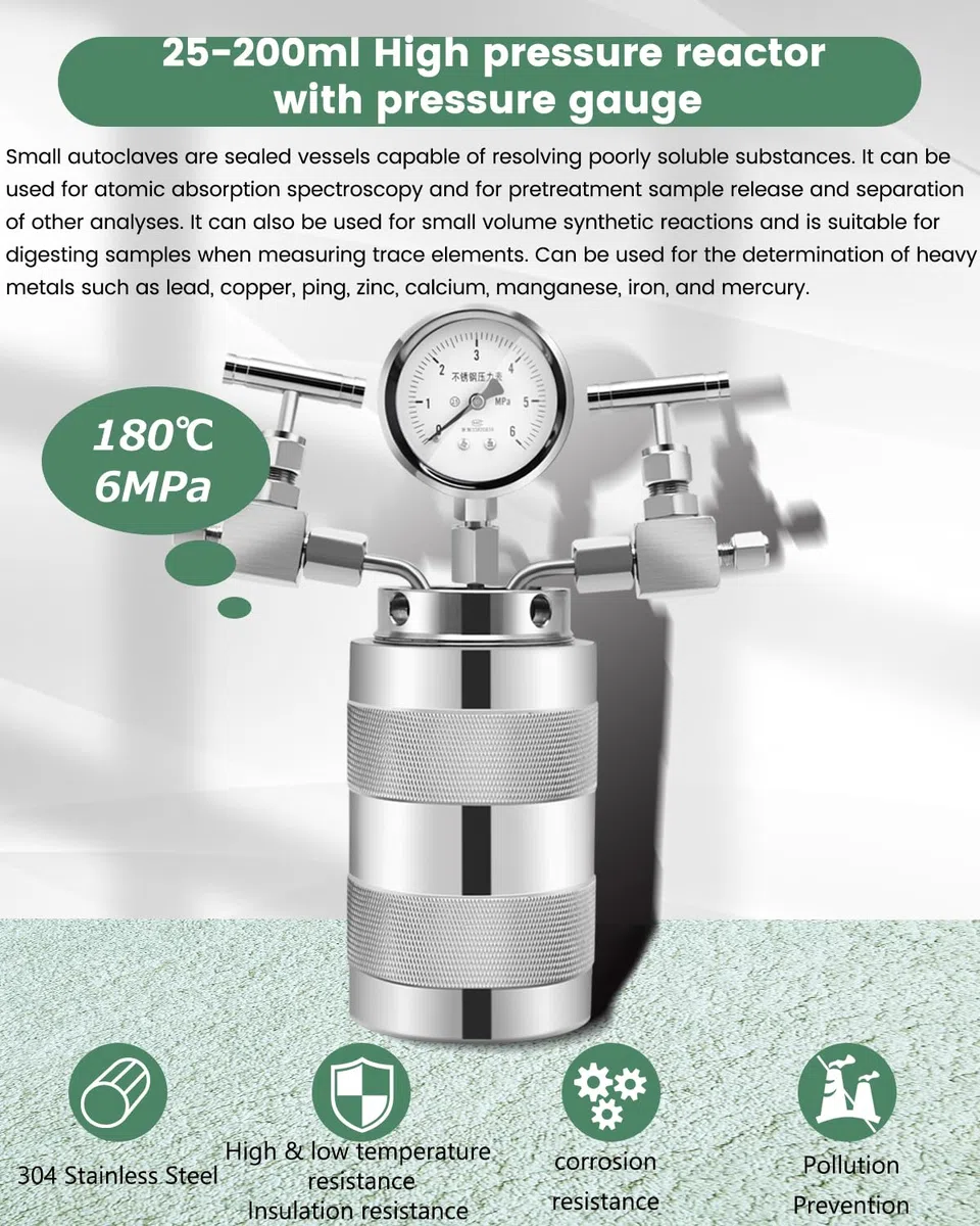 Huanyu 6MPa Autoclave de alta presión 150ml 180℃ Reactor PTFE Liner con manómetro de presión salida de entrada de gas (150ml)