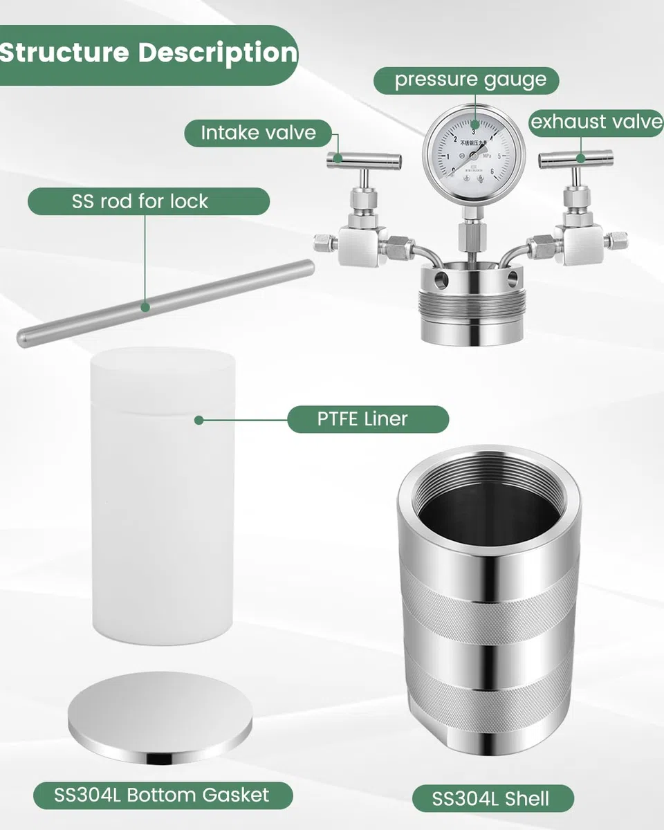 Huanyu 6MPa Autoclave de alta presión 150ml 180℃ Reactor PTFE Liner con manómetro de presión salida de entrada de gas (150ml)