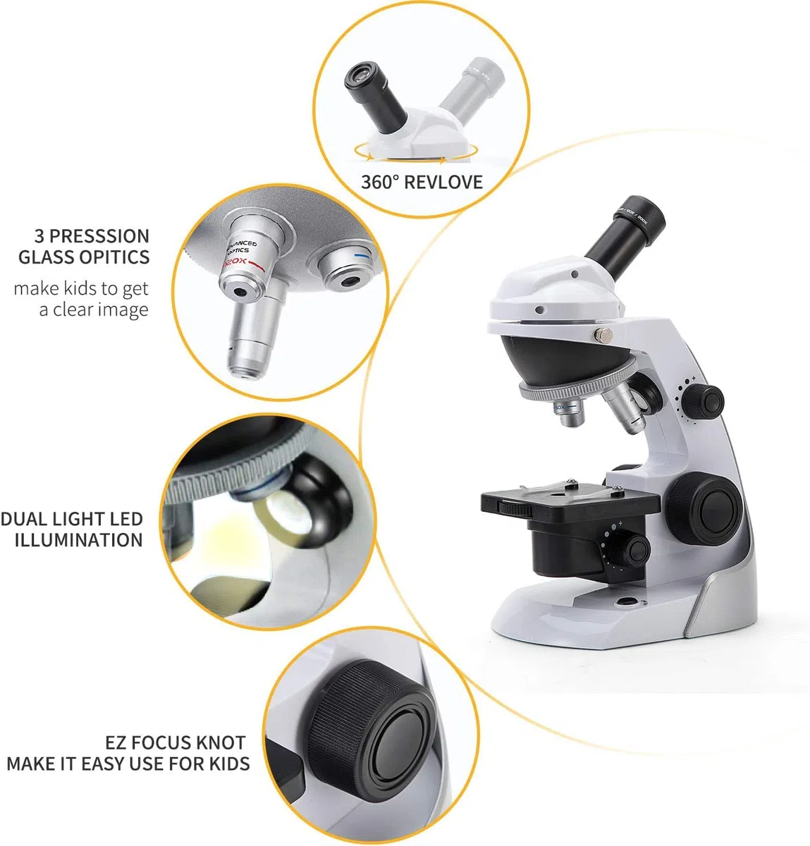 SWIFT Microscopio SS30-8001 para niños y estudiantes 60X-200X, microscopio monocular compuesto con 42 accesorios incluyendo adaptador de smartphone, 10 diapositivas en blanco para principiantes