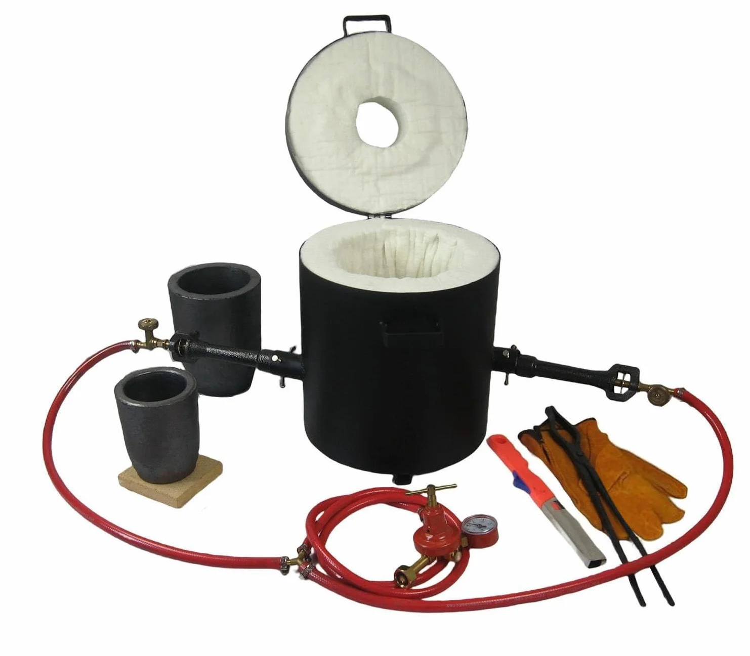 Estufas de fusión de gas propano de 16kg con 2 quemador forjados, equipadas con 2 crisoles de grafito (16kg y 6kg), en forma de barril de 118ml, alicates y guantes para fundir cobre, latón y aluminio