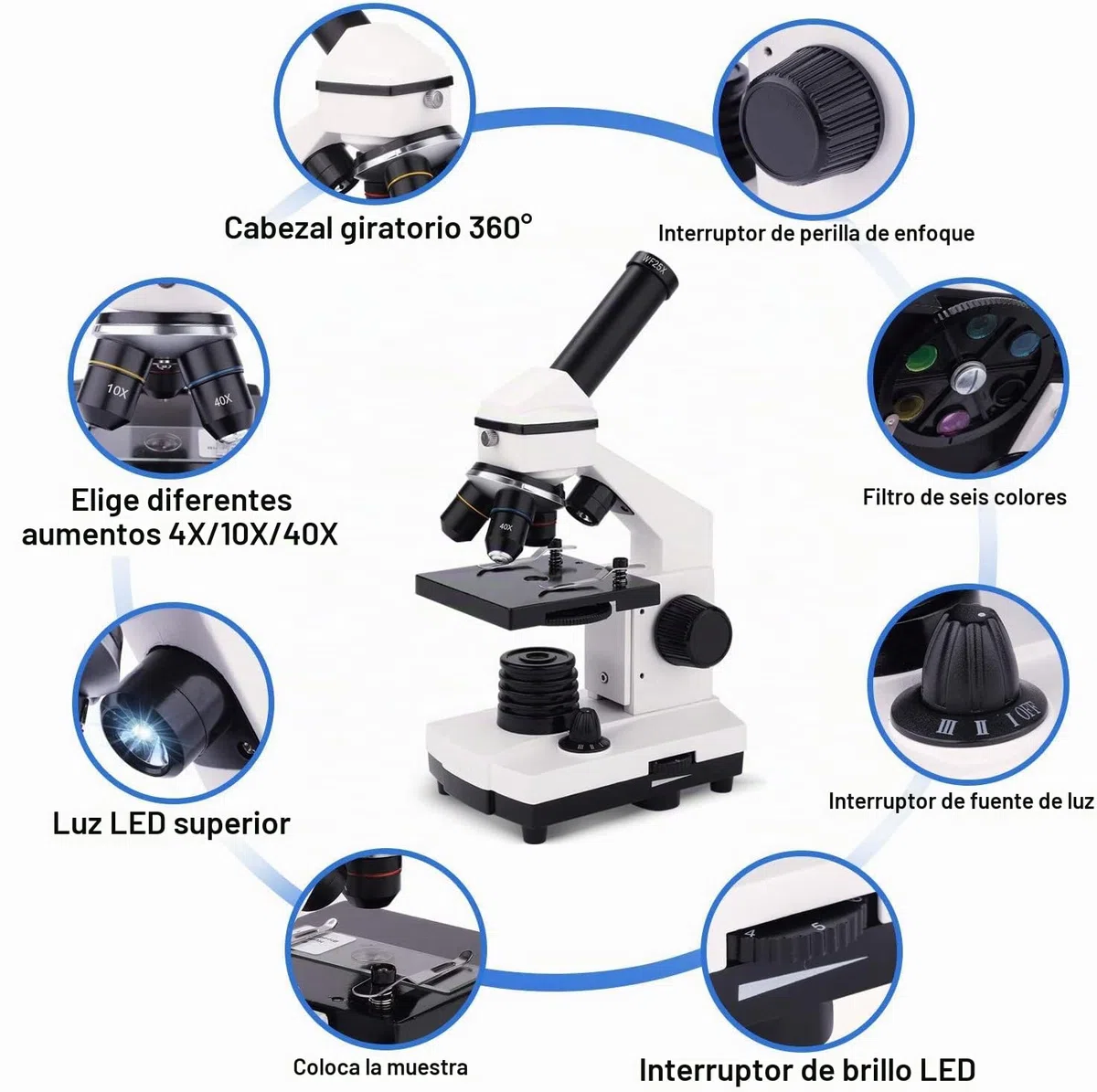 Microscopio Monocular Compuesto 40X-2000X para Niños, Adultos y Estudiantes - Microscopio de Precisión para Educación en Ciencias Biológicas con Kits - Metal y Vidrio - LED - Blanco