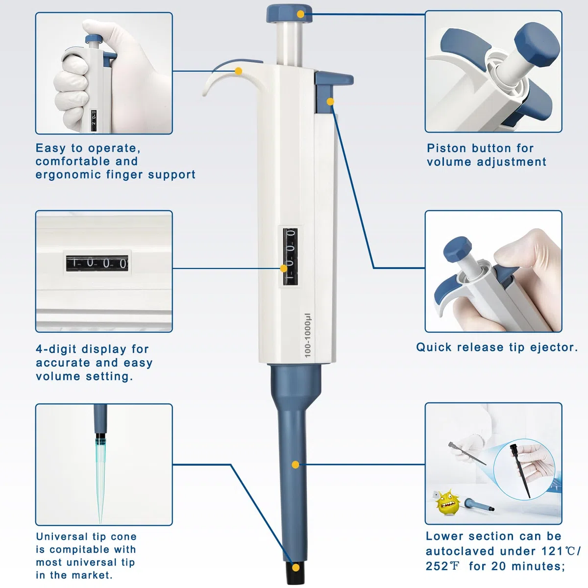 Kit de micropipetas 0.5-10ul 10-10ul 100-1000ul Pipeta ajustable de un solo canal, 3 piezas (pipetas SC-3pcs)