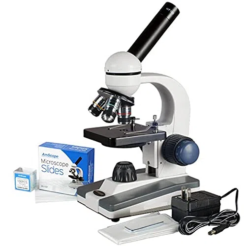 AmScope Microscopio monocular portátil para estudiantes 40X-1000X + 50 diapositivas en blanco
