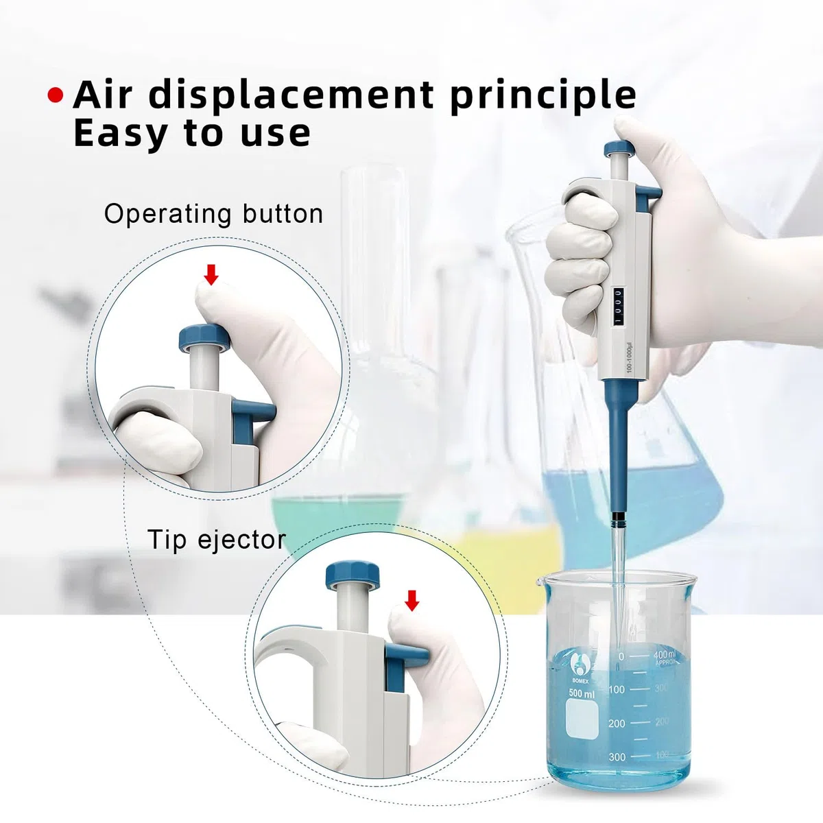 Kit de micropipetas 0.5-10ul 10-10ul 100-1000ul Pipeta ajustable de un solo canal, 3 piezas (pipetas SC-3pcs)