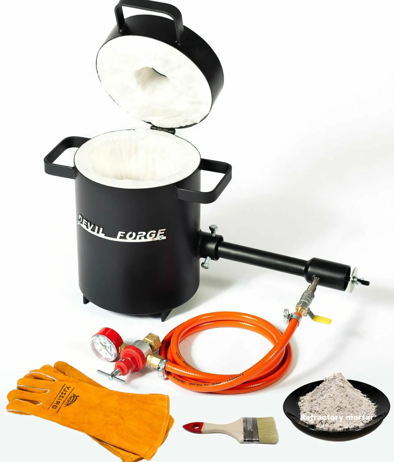 DEVIL-FORGE Horno Fundir Metales Gas Propano 4kg FB1Sb, 1 Quemador DFP (80.000 BTU), Guantes para fundición, Joyeros, Herreros, Refinerias, 1450°C Oro, Plata, Cobre, Aluminio, Latón, Bronce etc