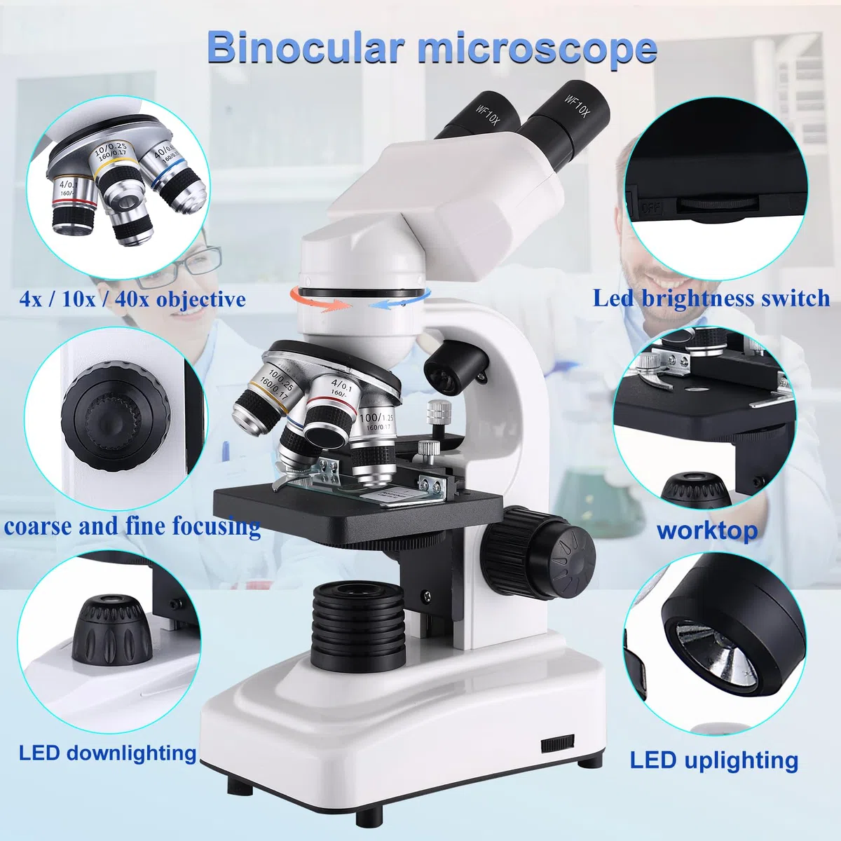 Microscopio compuesto, oculares 40X-2500X, WF10x y WF25x, iluminación LED dual y escenario mecánico de dos capas, microscopio para adultos..