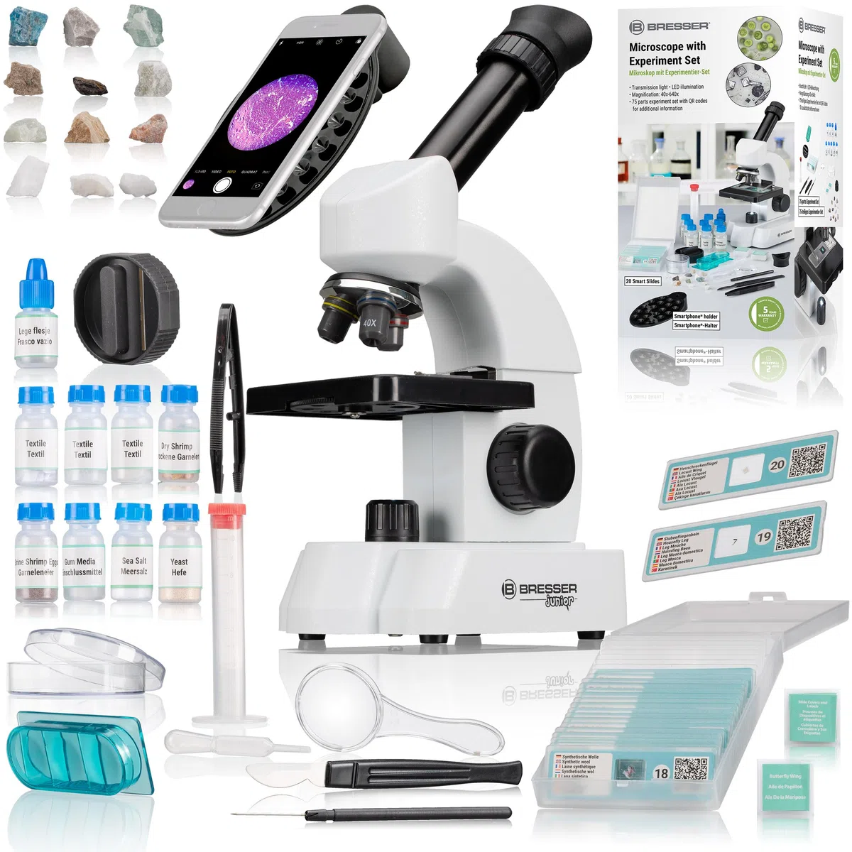 Bresser Microscopio 40-640x con Amplio Juego de experimentos y muestras Inteligentes con código QR, Blanco