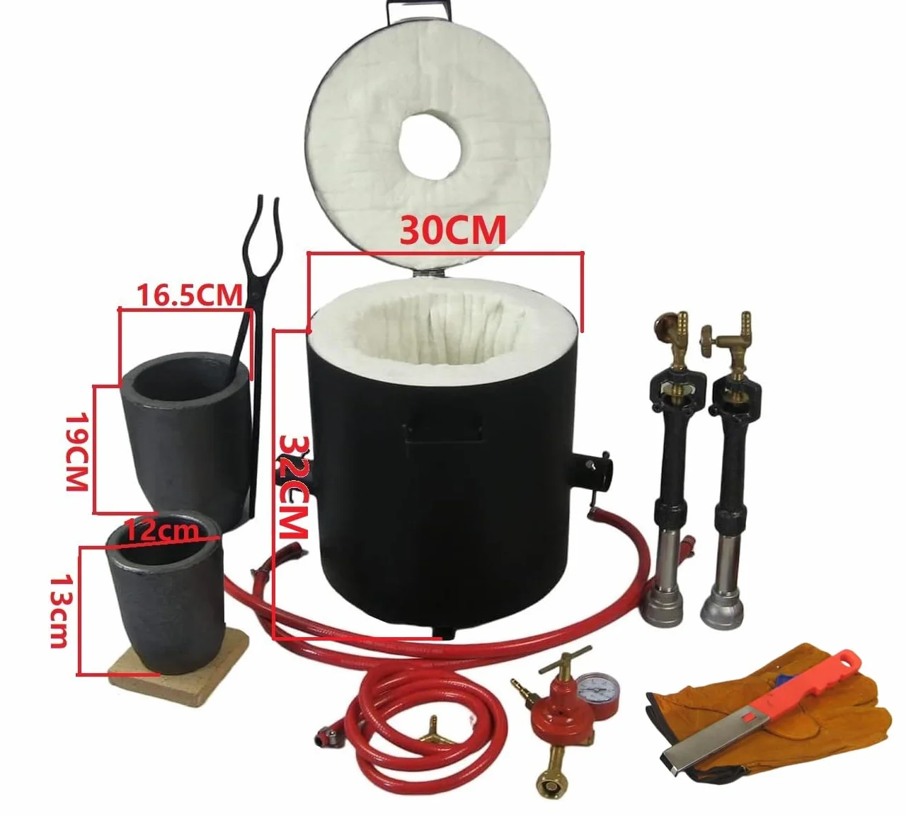 Estufas de fusión de gas propano de 16kg con 2 quemador forjados, equipadas con 2 crisoles de grafito (16kg y 6kg), en forma de barril de 118ml, alicates y guantes para fundir cobre, latón y aluminio