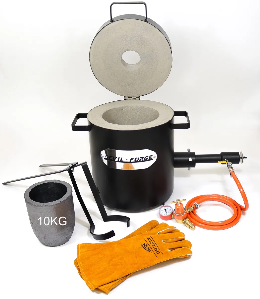 DEVIL-FORGE Horno Fundir Metales Gas Propano 10kg FB2M Full Kit, 1 Quemador DFC (180.000 BTU), Crisol, Pinzas para Fundir, Guantes para fundición, 1450°C Oro Plata Cobre Aluminio Latón etc PREMIUM
