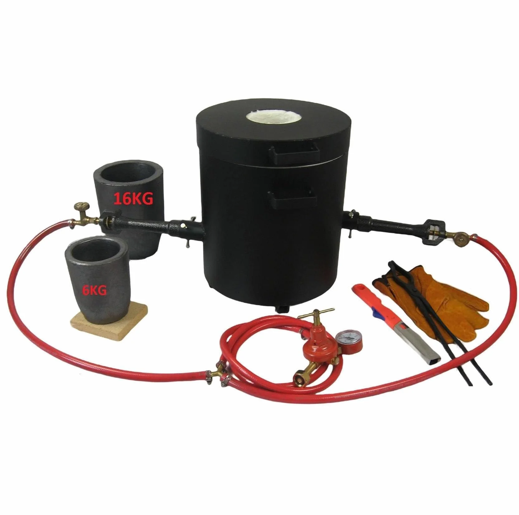 Estufas de fusión de gas propano de 16kg con 2 quemador forjados, equipadas con 2 crisoles de grafito (16kg y 6kg), en forma de barril de 118ml, alicates y guantes para fundir cobre, latón y aluminio