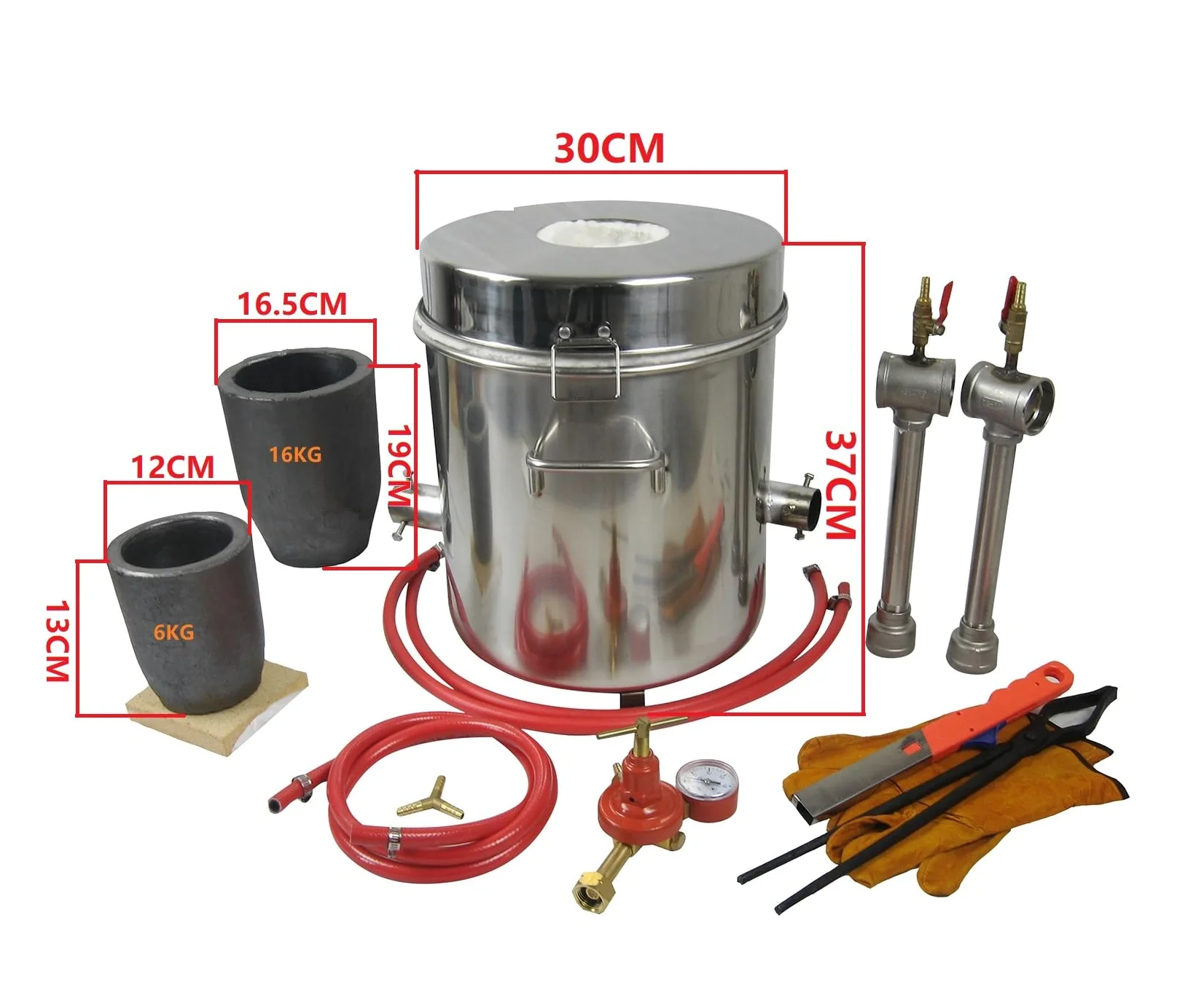 Horno de fundición de propano de acero inoxidable de 16 kg con pinzas 2 en 1 para verter y levantar, doble quemador de metal fundición, horno de crisol para oro, plata, cobre, aluminio, kit