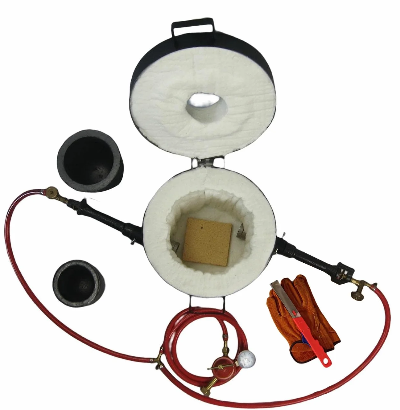 Estufas de fusión de gas propano de 16kg con 2 quemador forjados, equipadas con 2 crisoles de grafito (16kg y 6kg), en forma de barril de 118ml, alicates y guantes para fundir cobre, latón y aluminio